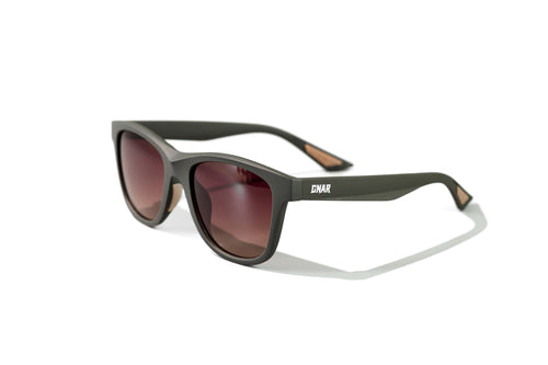 Sunglasses with dark brown lenses and black frame on a white background