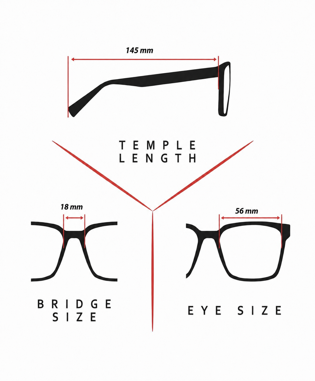 Glasses frame size measurement diagram showing temple length 145 mm, bridge size 18 mm, and eye size 56 mm on a white background.