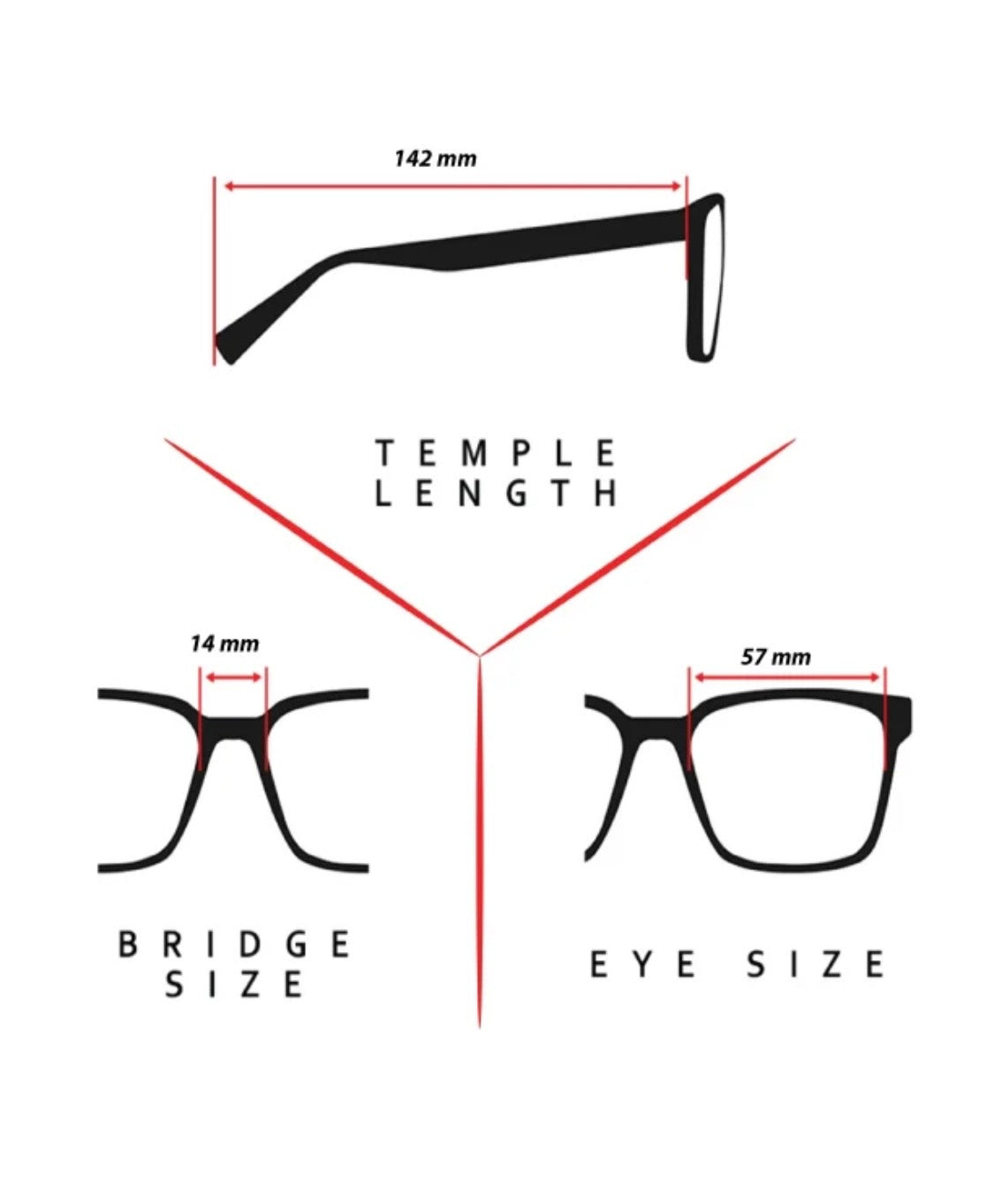 Glasses size measurement diagram showing temple length of 142 mm, bridge size of 14 mm, and eye size of 57 mm with red dimension lines on a white background.