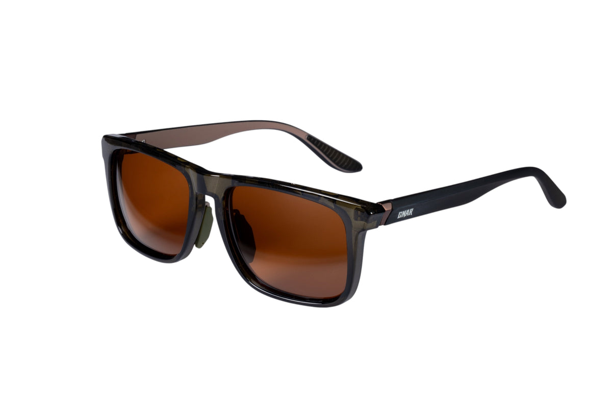 Gnar Optics "Andrex" rectangular sunglasses with translucent olive brown frames and amber polarized  amber lenses and black arms