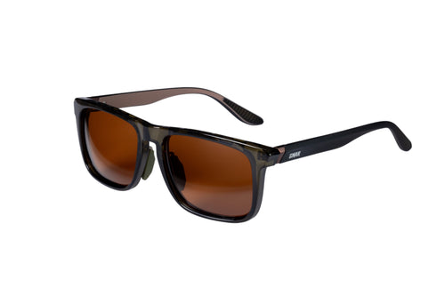 Gnar Optics "Andrex" rectangular sunglasses with translucent olive brown frames and amber polarized  amber lenses and black arms