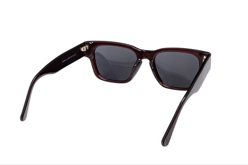 Rear view of Gnar Optics Disaster sunglasses with dark acetate burgundy frames and dark grey polarized lenses