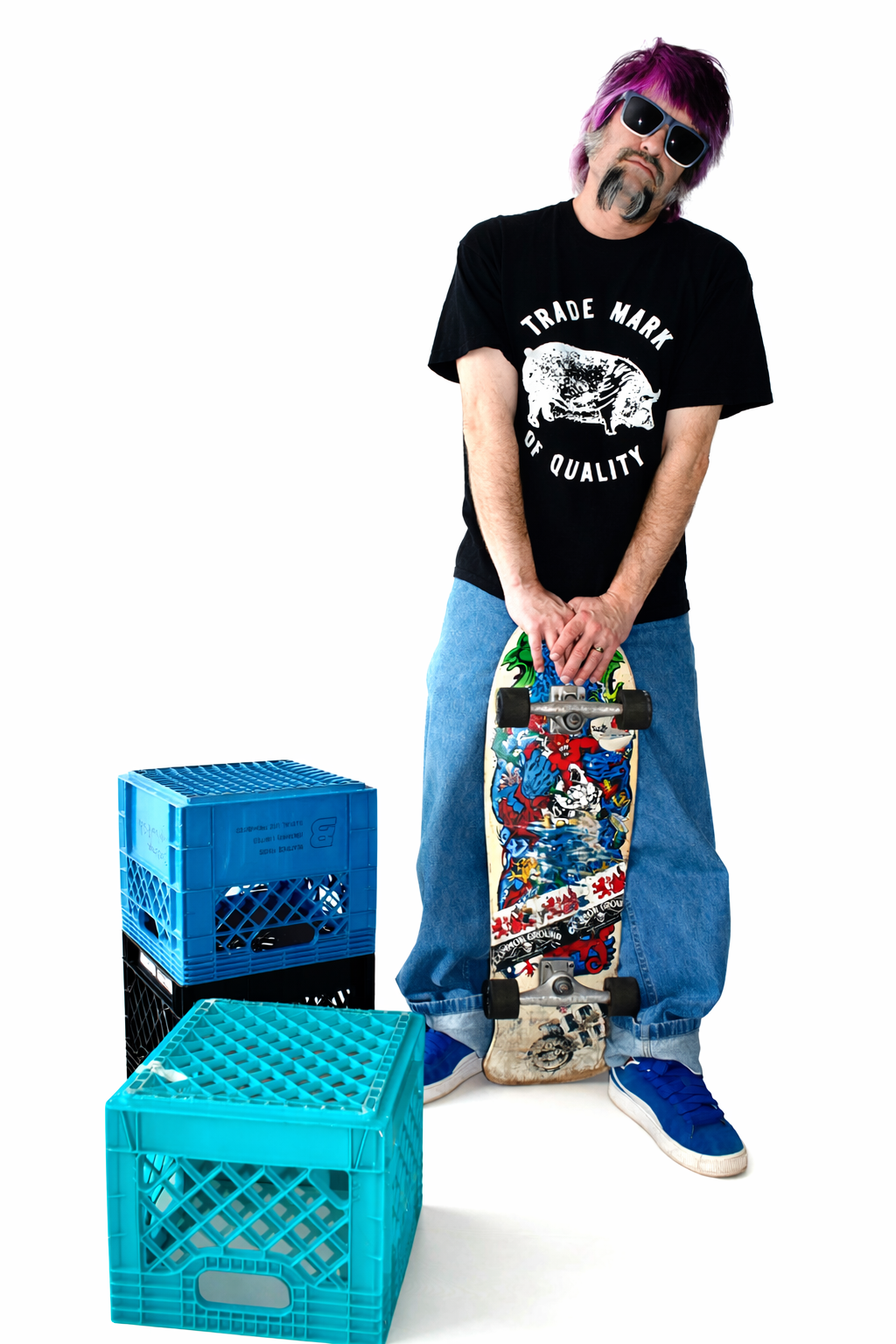 Skateboarder with purple hair wearing GNAR Optics Vandals sunglasses while holding a skateboard beside blue and turquoise milk crates
