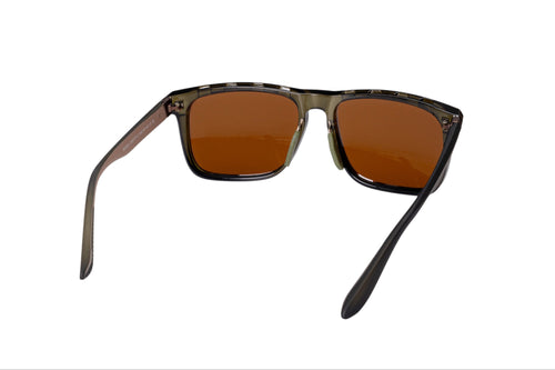 Rear view of GNAR Optics Andrex sunglasses with Andrex sunglasses with translucent olive brown frames and amber polarized lenses and black arms.