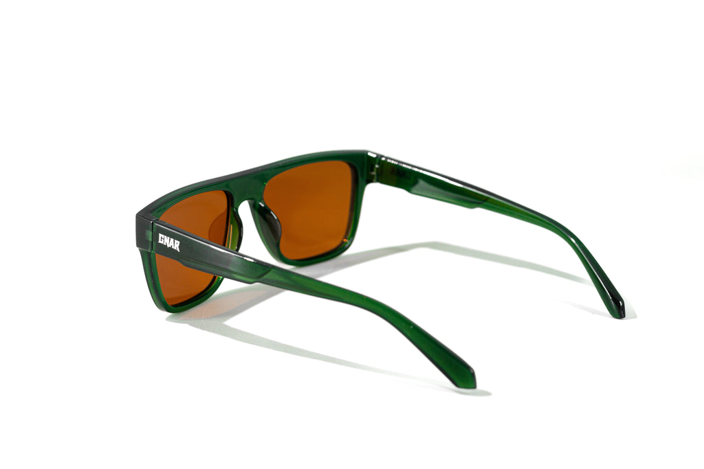 Green sunglasses with brown lenses on a white background