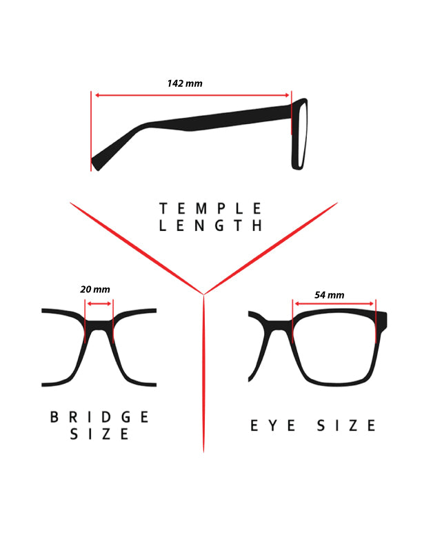 Glasses measurement chart showing temple length, bridge size, and eye size with black frames.