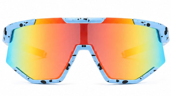 Sport sunglasses with a light blue speckled frame and a large shield lens that transitions from orange to yellow to light blue.